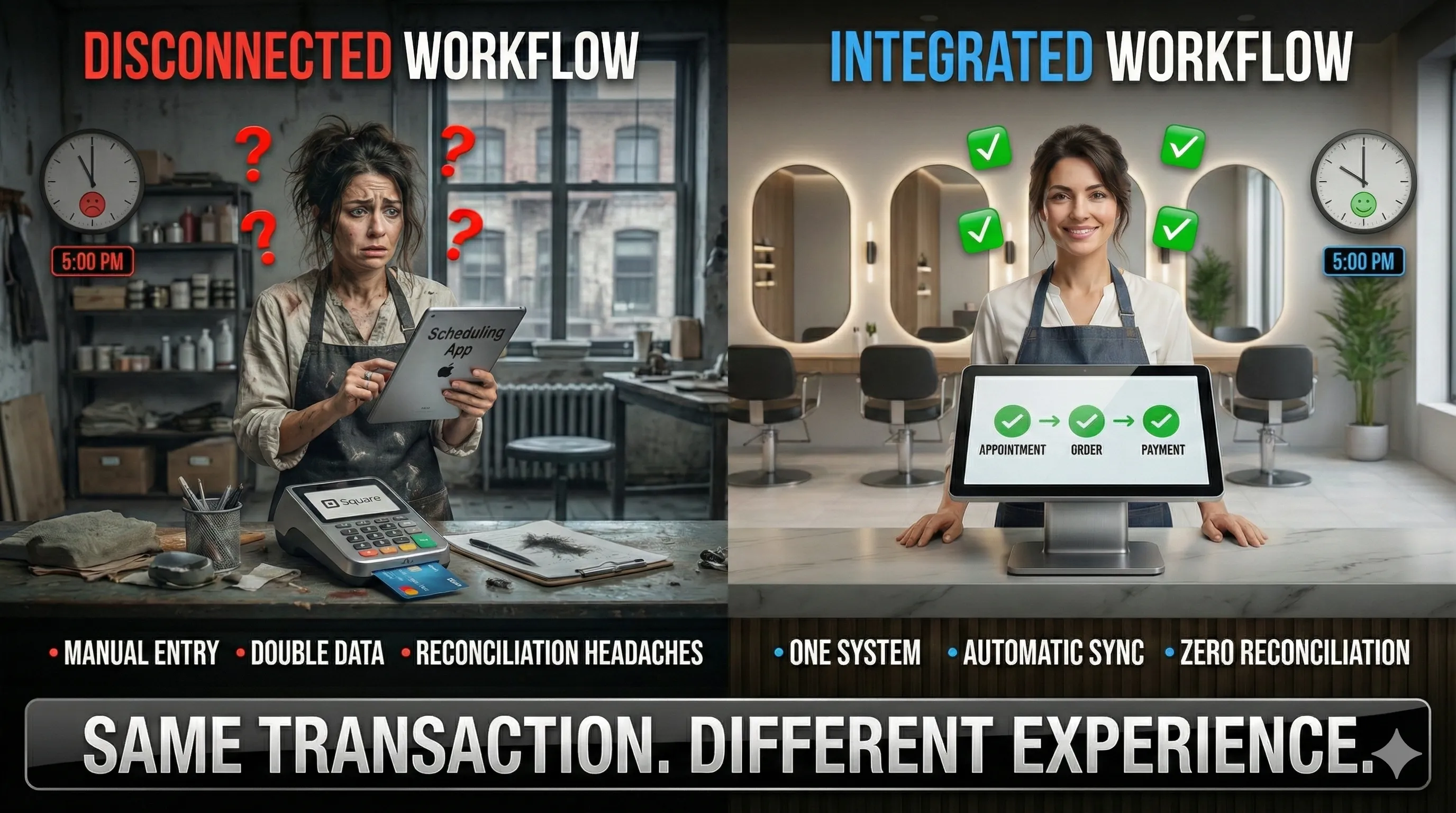Comparison diagram showing Disconnected Workflow versus Integrated Workflow - split-screen showing groomer toggling between systems versus single unified interface