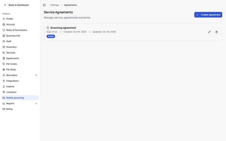 Agreement list in settings