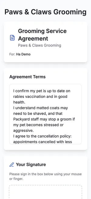A client signing a grooming agreement on a phone