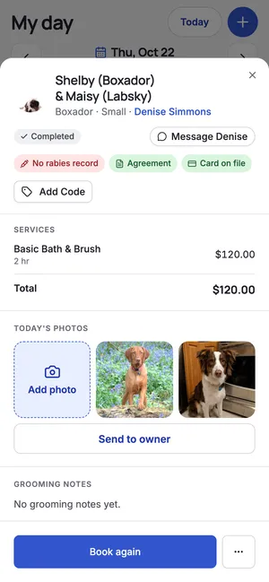 Today’s photos on an appointment, with Add photo and Send to owner