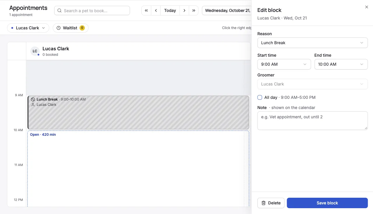 The Edit block panel for a lunch break, with Delete and Save block
