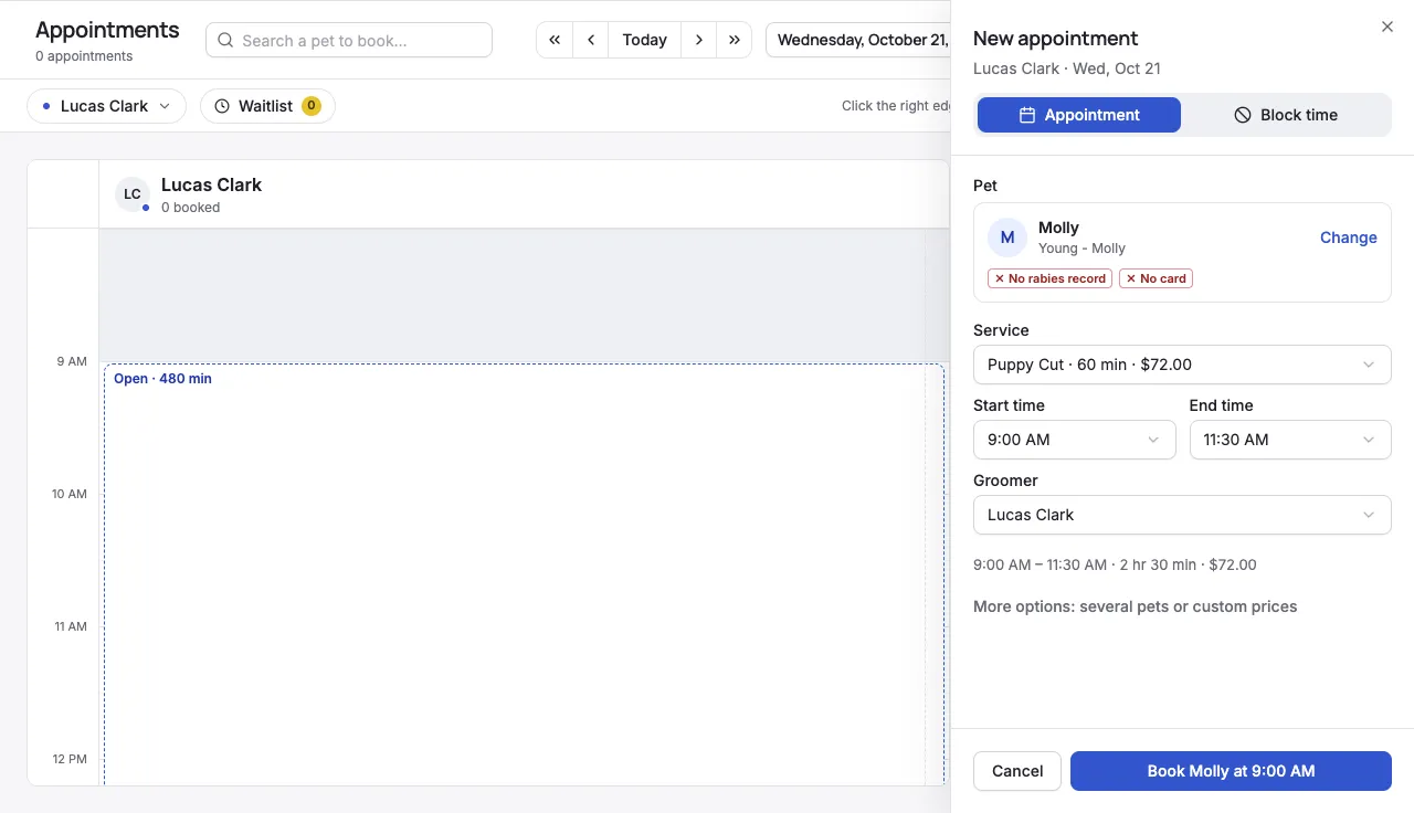 The New appointment panel with a pet, service, start time and end time filled in