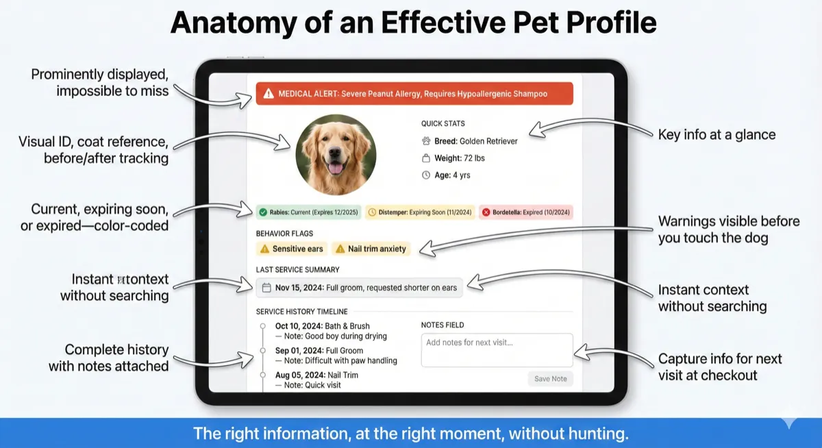 Client Profile Anatomy - Annotated mockup showing medical alert banner, pet photo, vaccination status badge, behavior flags, last service summary, appointment history timeline, and notes field