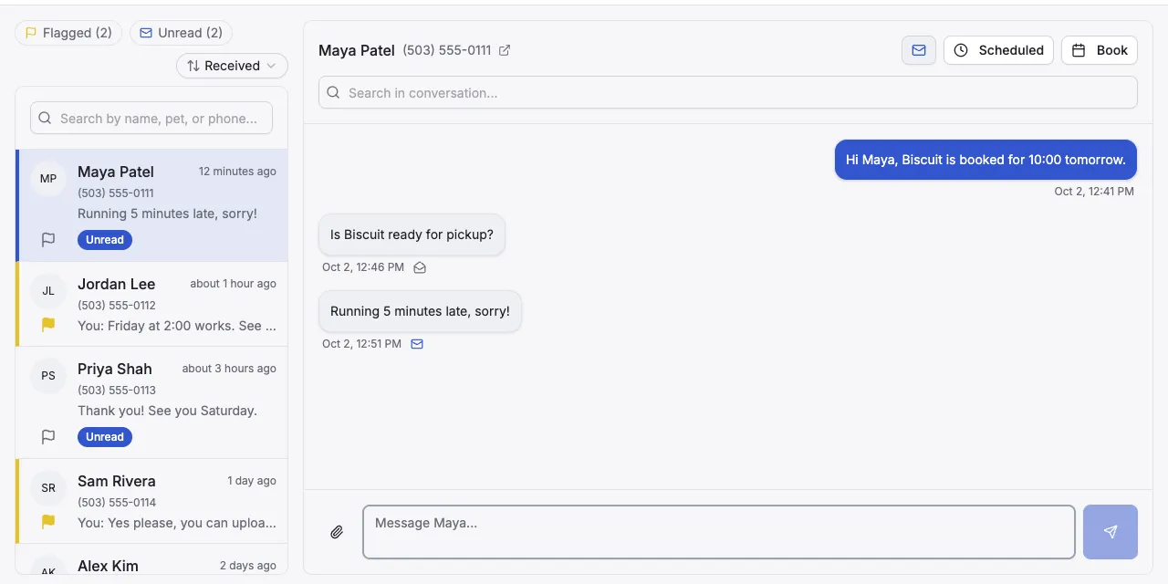 A conversation marked unread: the envelope at the top is closed and the conversation shows Unread in the list