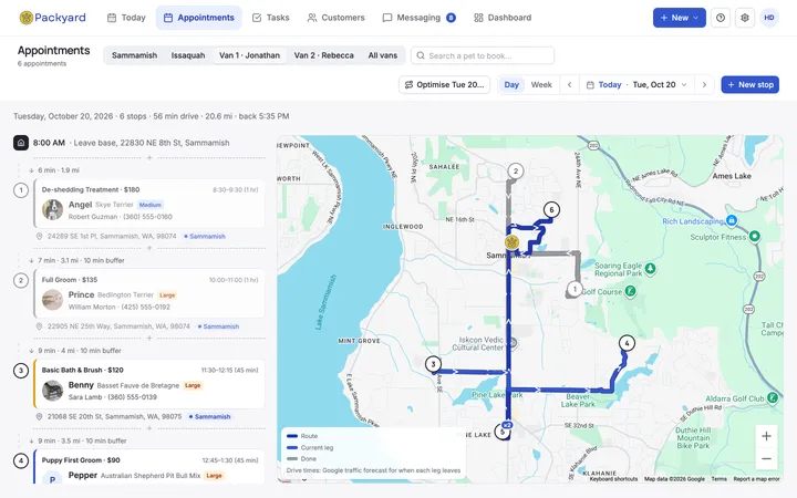 A van’s route on a map with drive times between stops