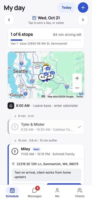 My route on a phone with stops and drive times