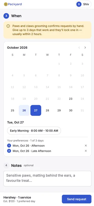 Booking on a phone: pick up to three days that work on the calendar