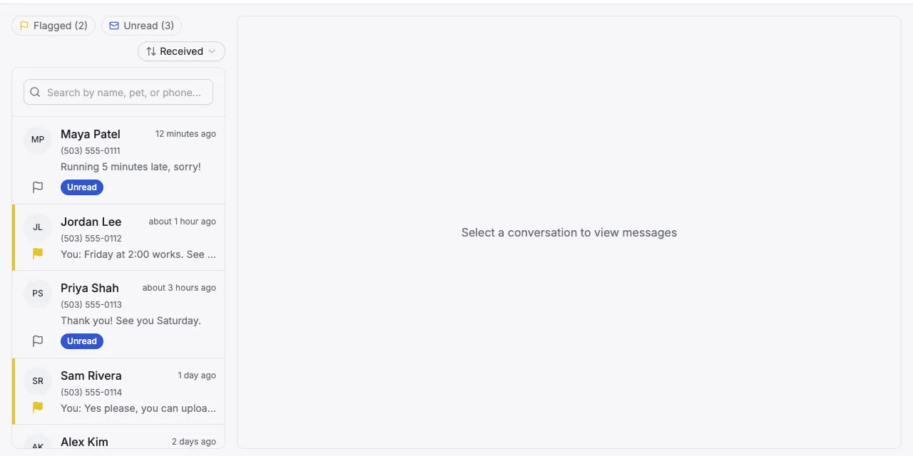 The Messaging list with the Flagged and Unread filters, the sort menu, a yellow flag on two conversations, and an Unread label on two others