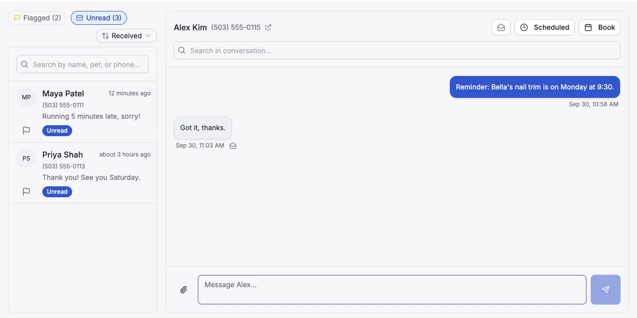 The Unread filter turned on, showing only the two conversations with unread messages