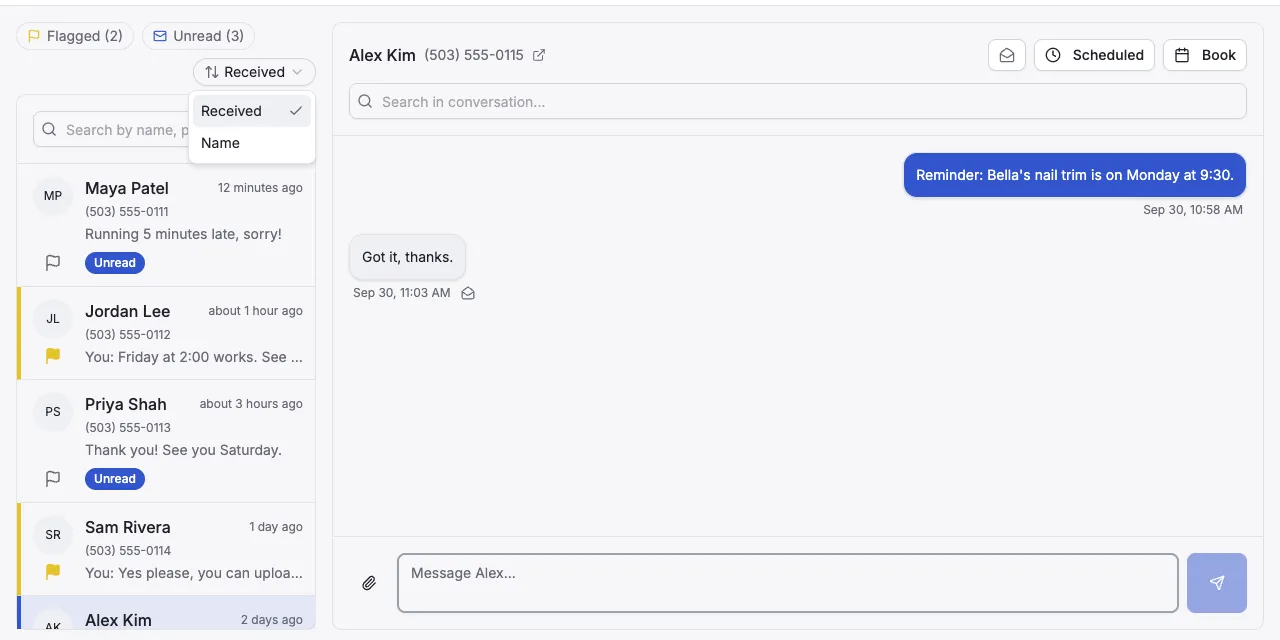 The sort menu open, with Received and Name