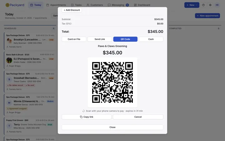 QR code at checkout for the client to scan and pay