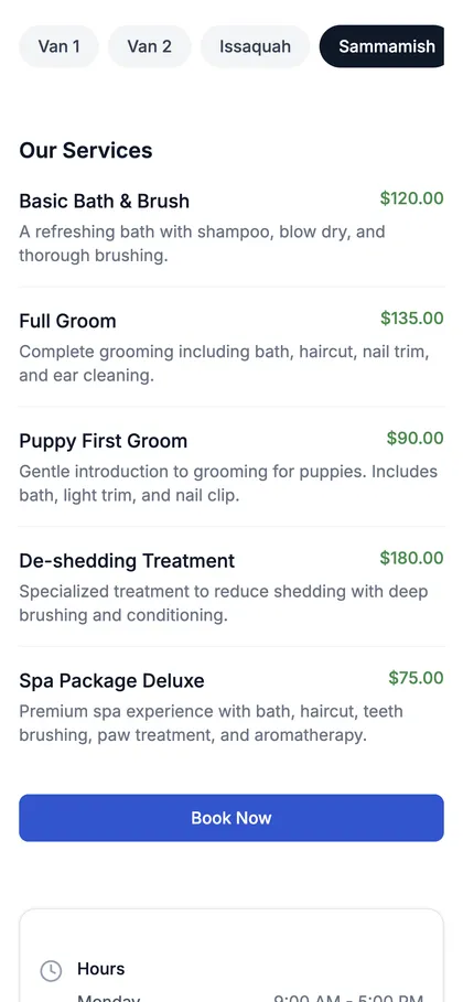 The salon’s booking page on a client’s phone, with services and a Book Now button