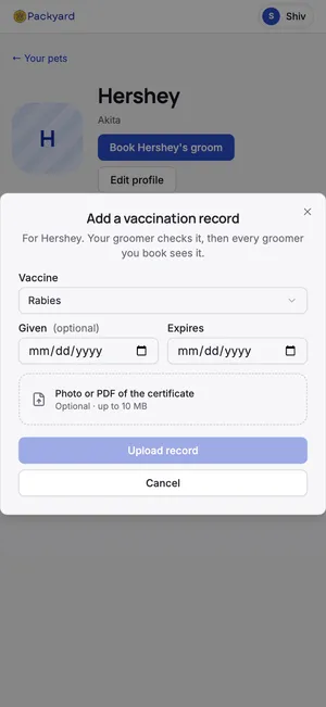 A client adding a rabies record for their dog on a phone