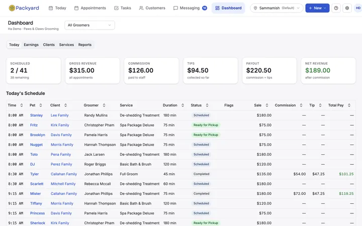 Owner dashboard with today’s revenue and schedule
