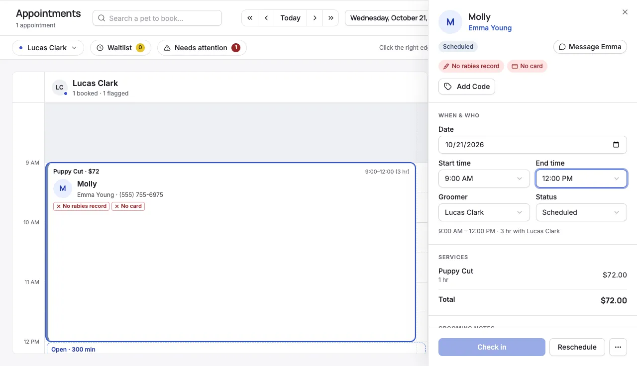 The appointment panel with Date, Start time, End time, Groomer and Status