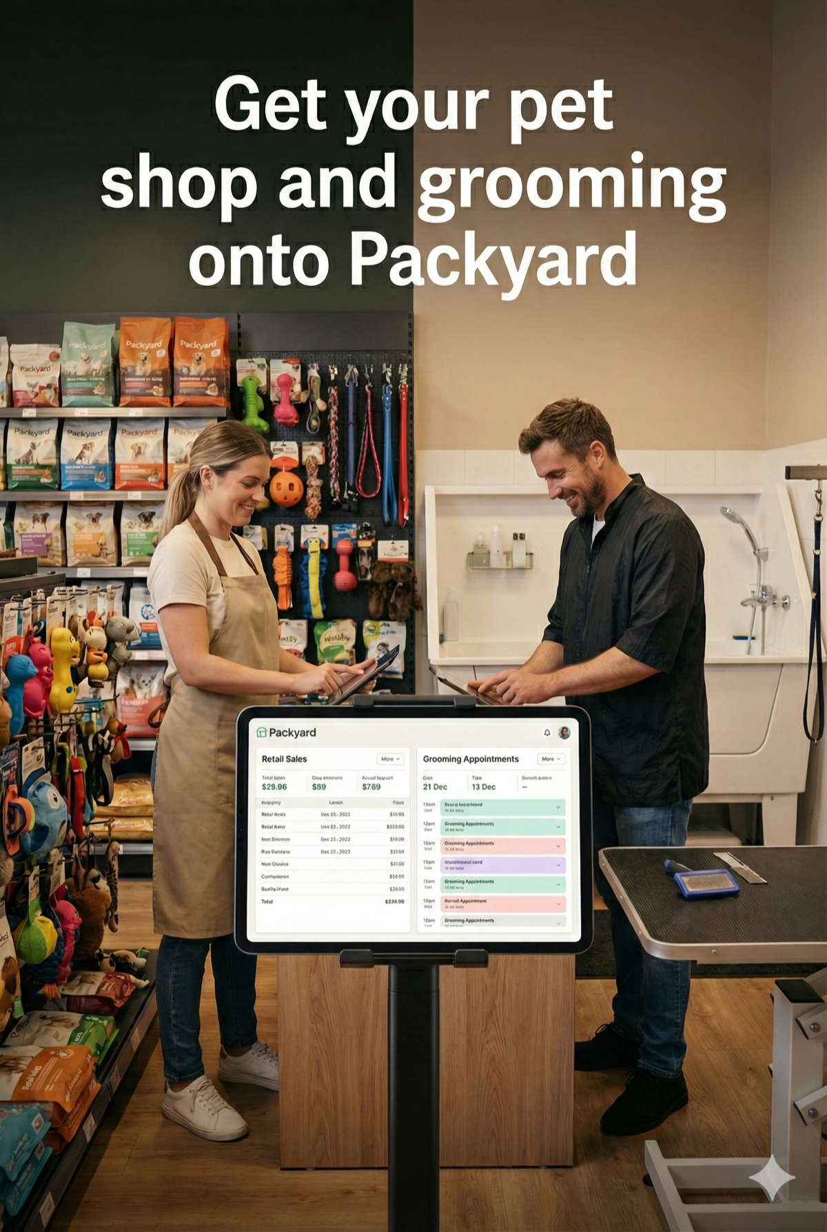 Pet store checkout with dog owner