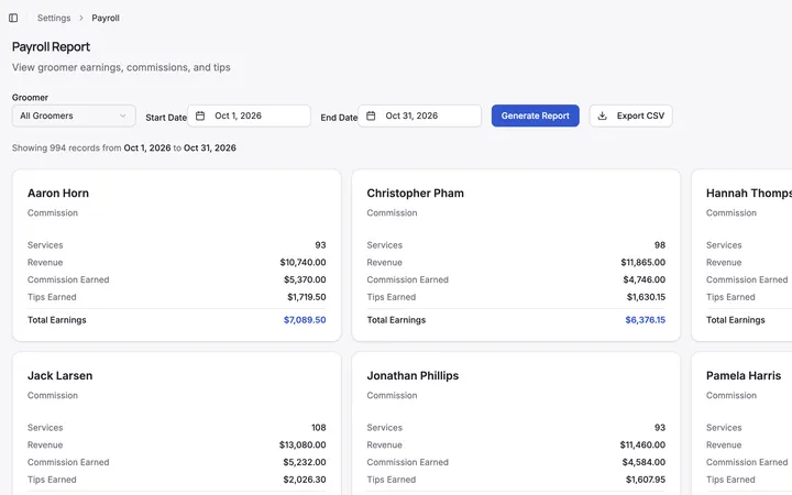 Payroll report with commission and tips per groomer